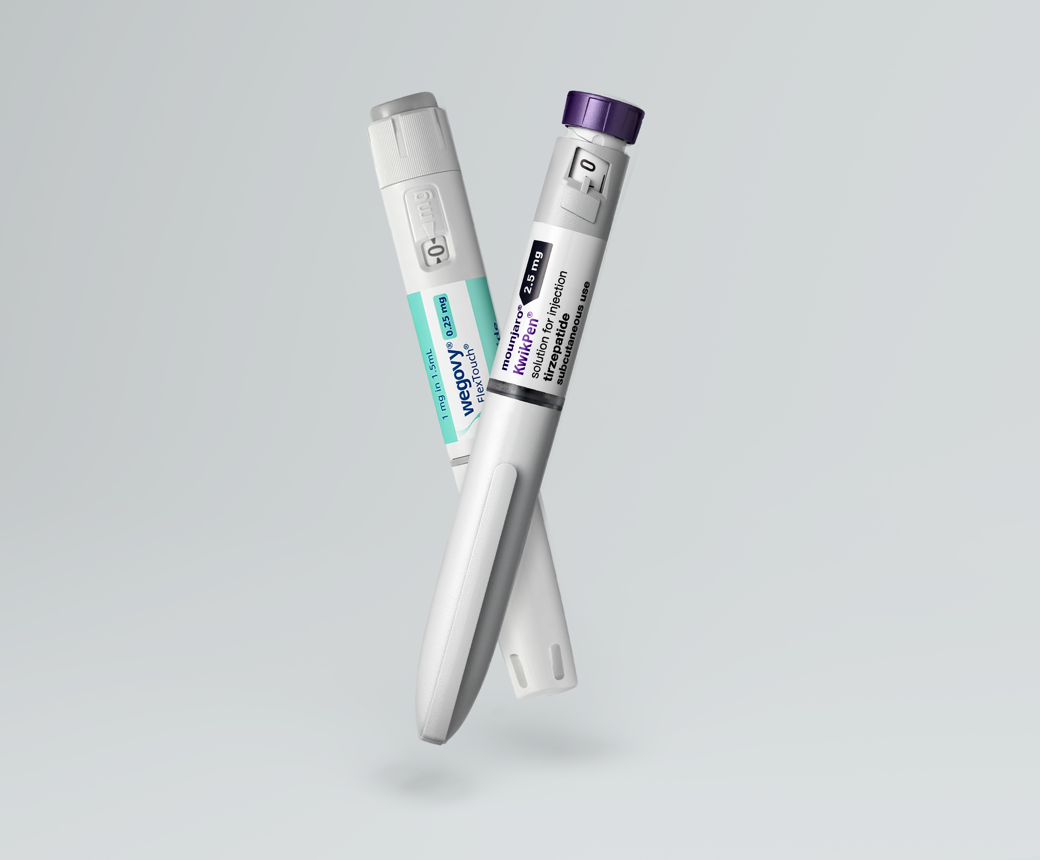 Wegovy and Mounjaro injection pens side by side, weight loss medications available through SheMed