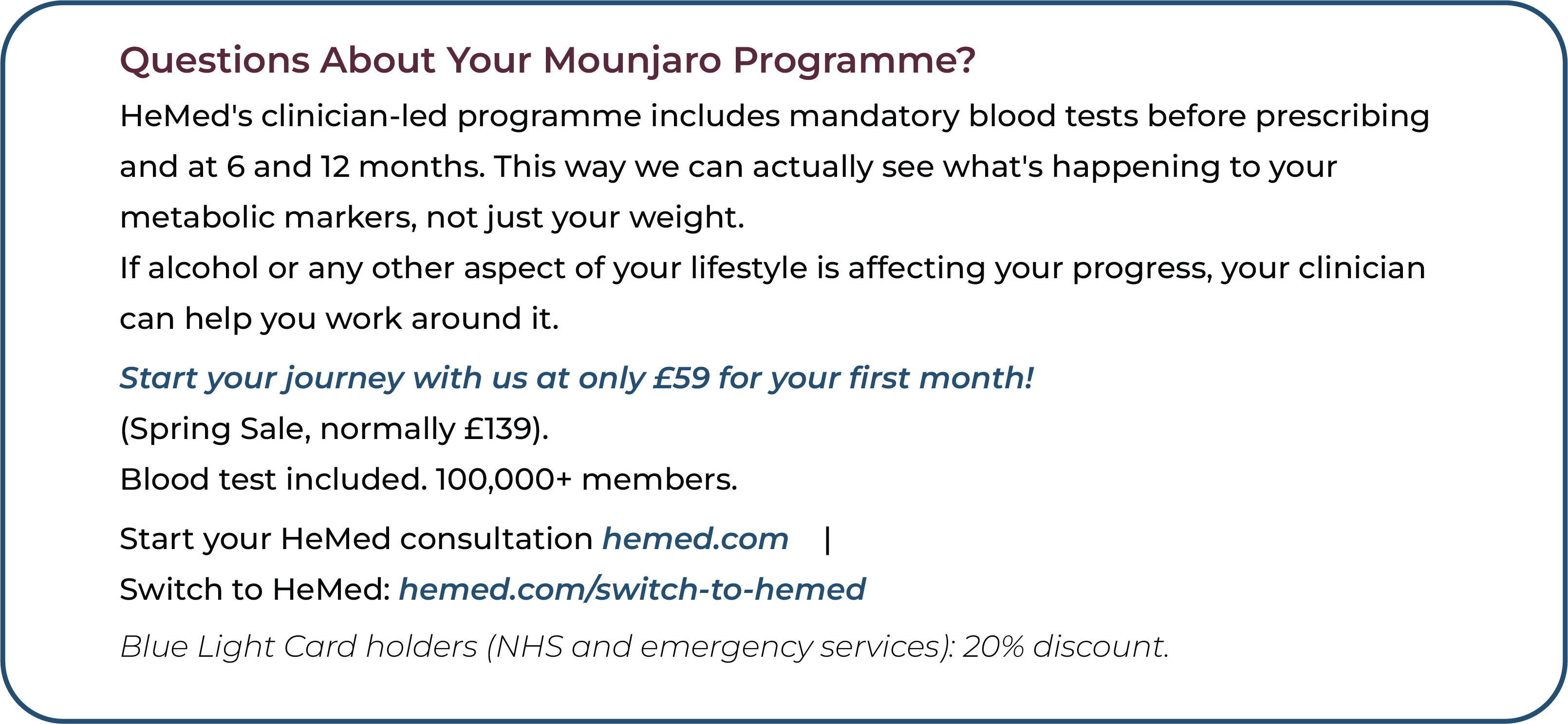 HeMed call-to-action infographic explaining that its clinician-led programme includes mandatory blood tests before prescribing and at 6 and 12 months to track metabolic markers, with clinician support for lifestyle factors, a first month from £59 in the Spring Sale (normally £139), a blood test included, over 100,000 members and a 20% Blue Light Card discount.