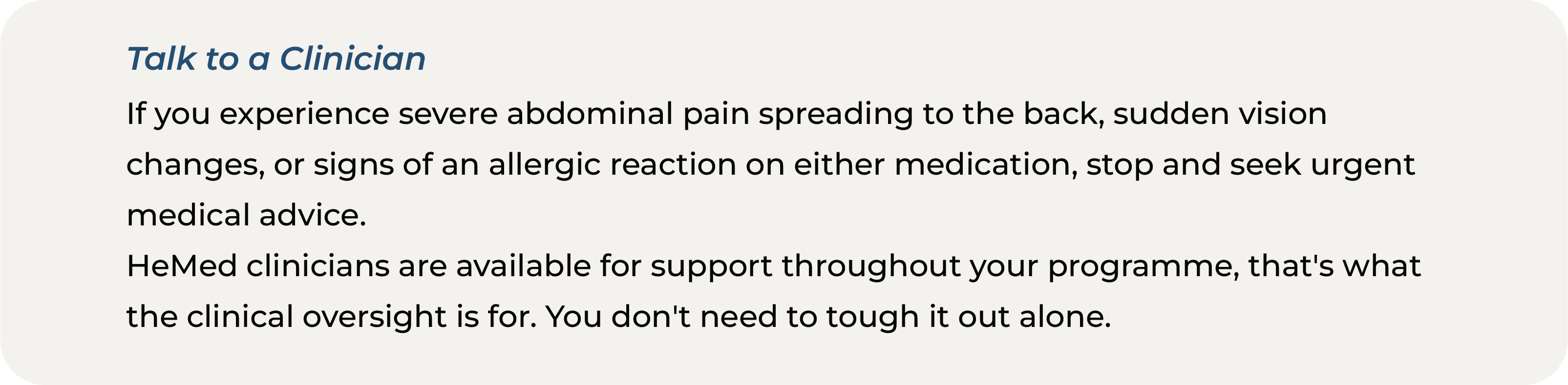 Text infographic advising anyone on GLP-1 treatment to stop and seek urgent medical advice for severe abdominal pain spreading to the back, sudden vision changes or signs of an allergic reaction, and noting that HeMed clinicians provide support throughout the programme.