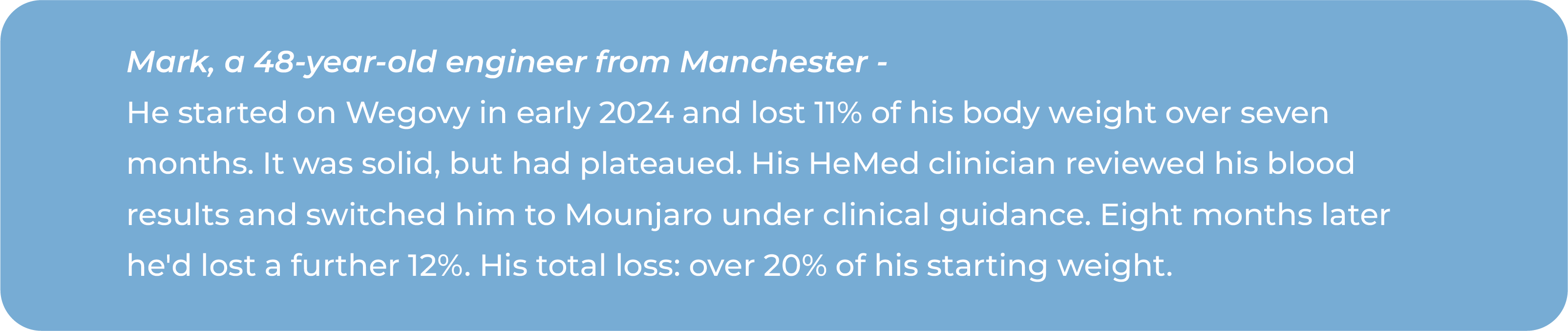 Case study infographic describing Mark, a 48-year-old engineer from Manchester, who lost 11% of his body weight over seven months on semaglutide before plateauing, then switched to tirzepatide under HeMed clinical guidance after a blood review and lost a further 12%, for a total of over 20%.