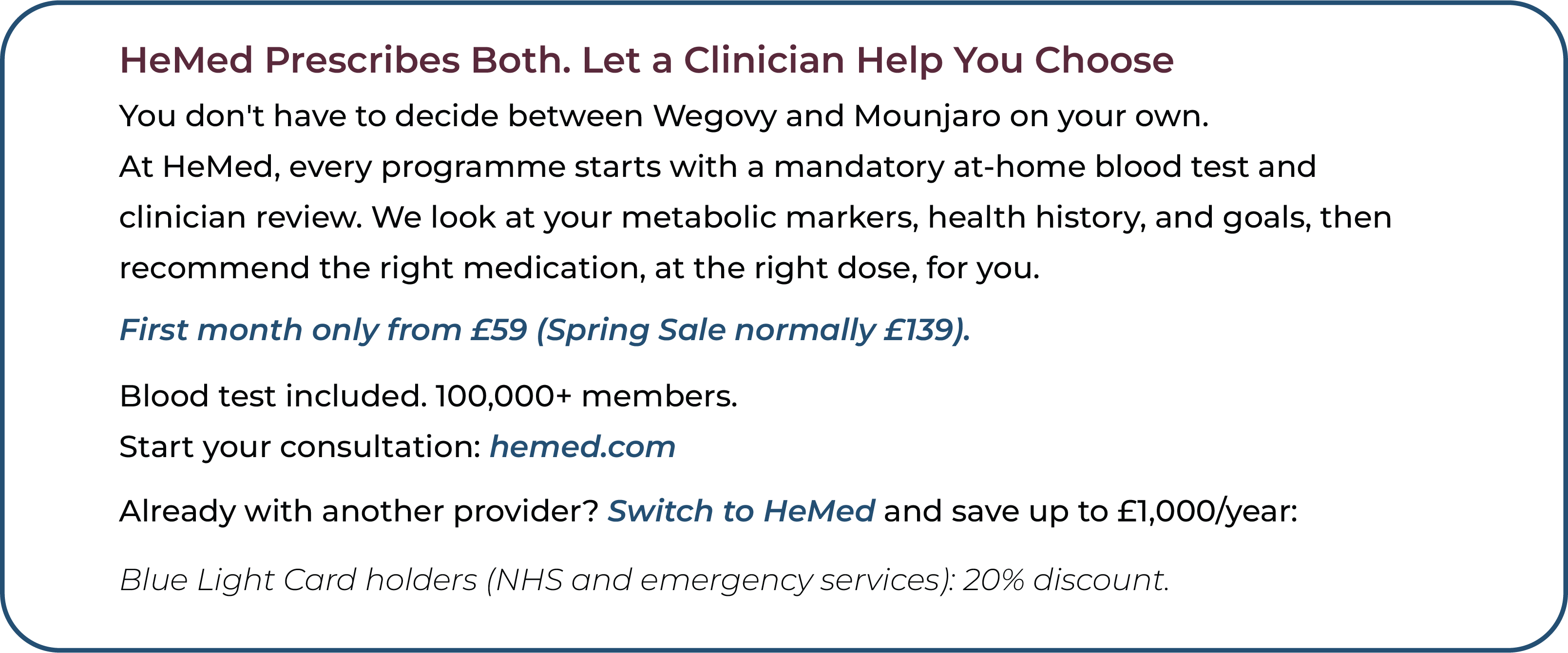 HeMed call-to-action infographic explaining that its clinician-led programme prescribes both semaglutide and tirzepatide, starts every programme with a mandatory at-home blood test and clinician review of metabolic markers, health history and goals, with a first month from £59 in the Spring Sale (normally £139), a blood test included, over 100,000 members, savings of up to £1,000 a year for switchers and a 20% Blue Light Card discount.