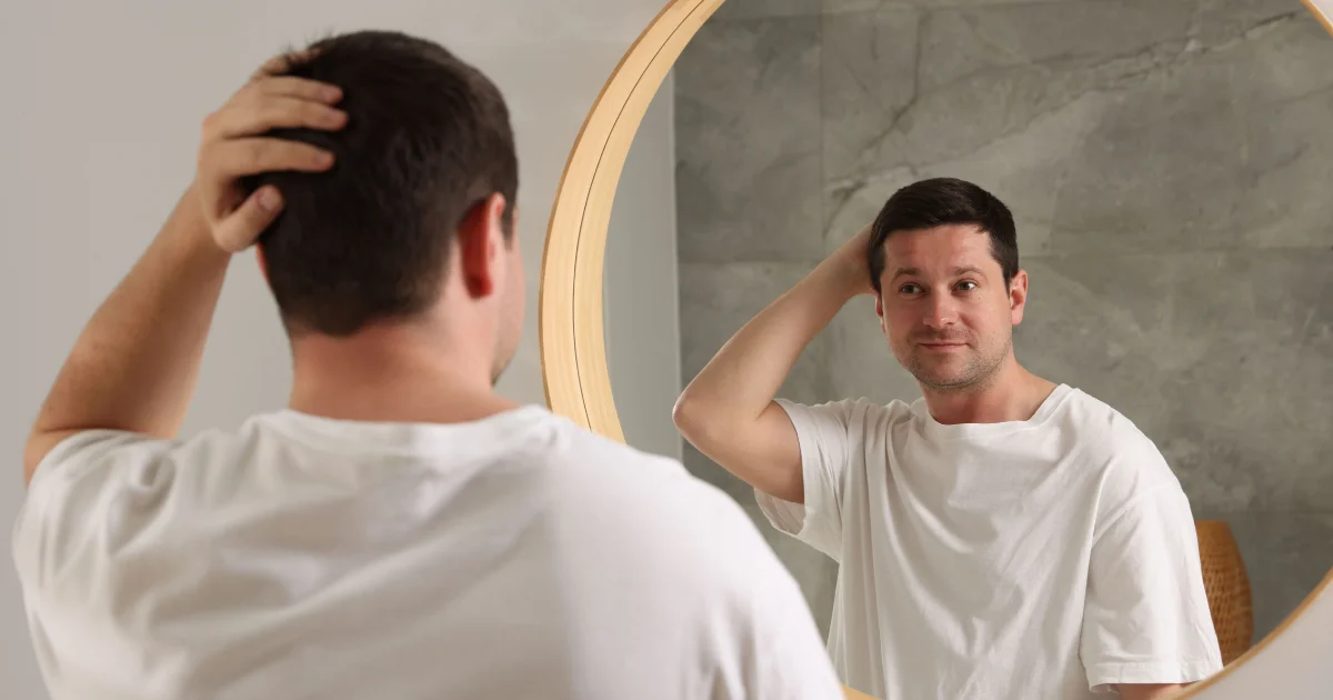 Man looking at his reflection in a mirror with his hand on his head