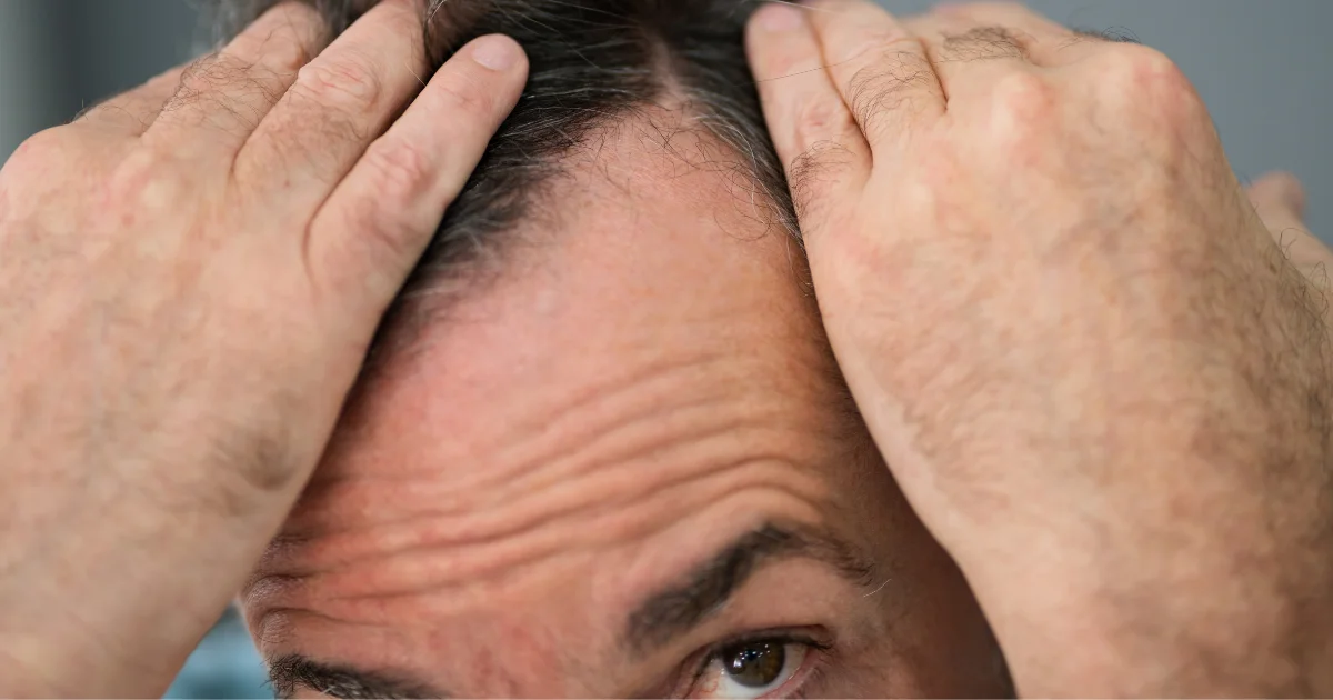 Man examining his hairline and receding hair with both hands