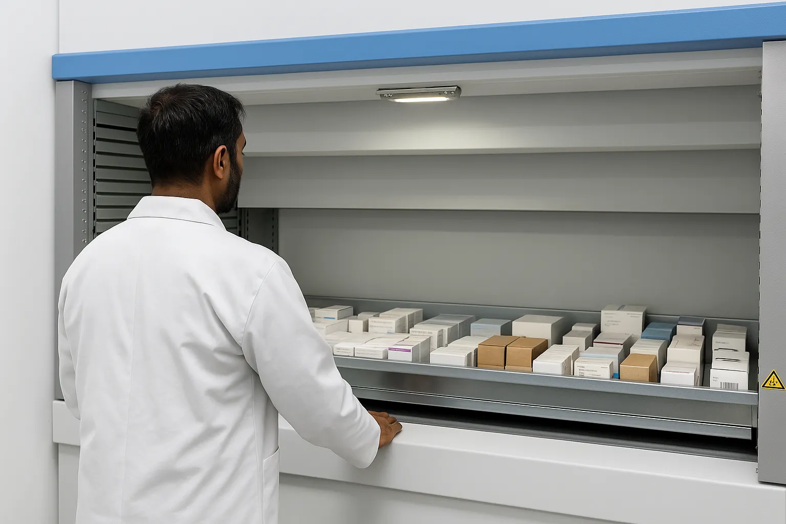 Warehouse worker managing automated pharmacy storage (Kardex)