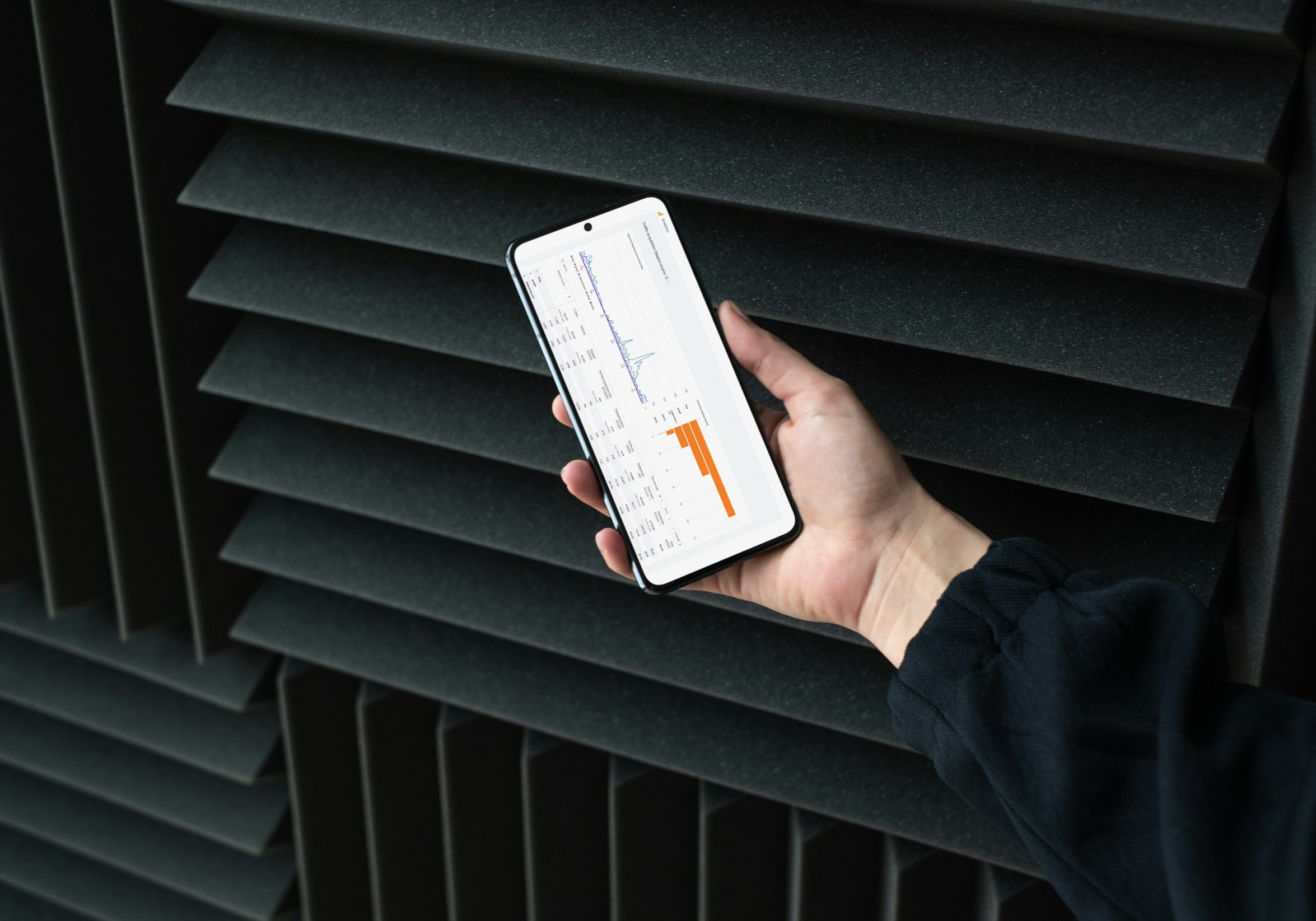 A smartphone in portrait mode, held by a hand, showing a data screen from Google Analytics for a UX case study.