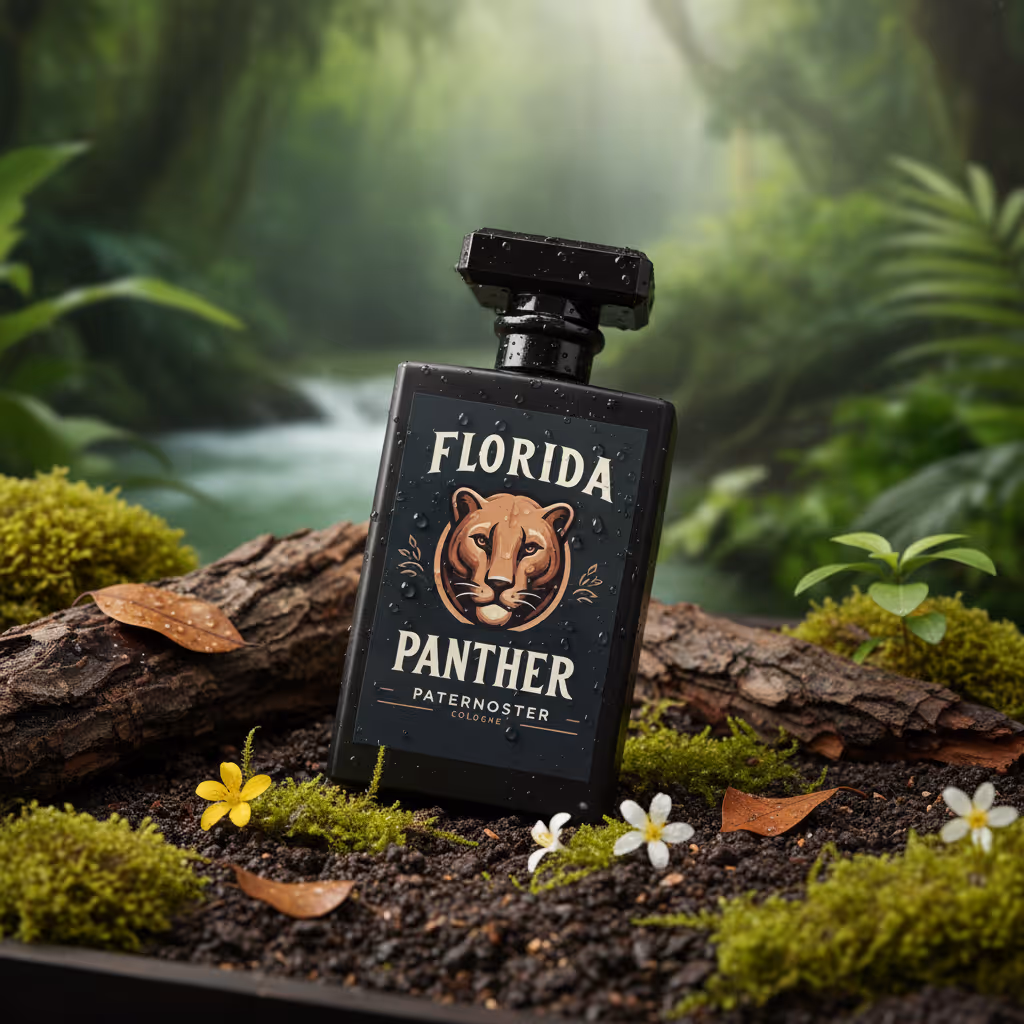 Men's Cologne Bottle "Florida Panther" in woody forest setting.