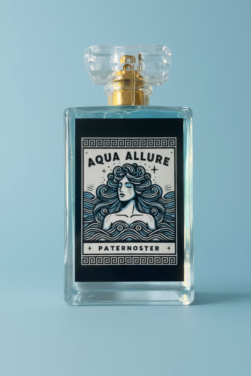 Women's Perfume Bottle "Aqua Allure" in professional product photo. Face On. Light Blue Background.