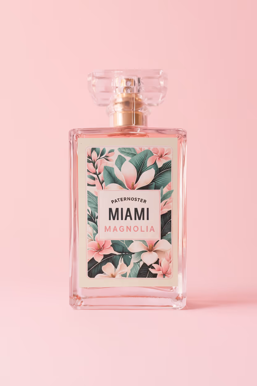 Women's Perfume Bottle "Miami Magnolia" in professional product photo. Forward Facing. Pink Background.