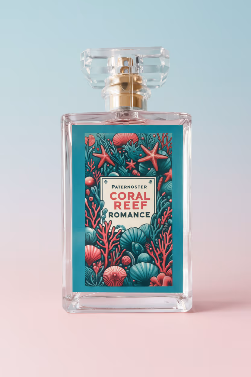 Women's Perfume Bottle "Coral Reef Romance" in professional product photo in front of pastel blue and pink background.