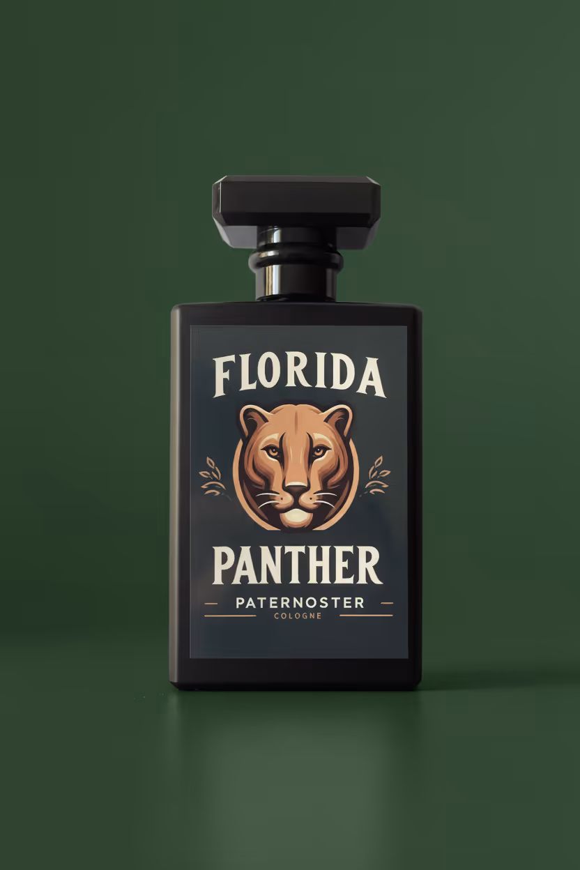 Men's Cologne Bottle "Florida Panther" in professional product photo in front of green background.