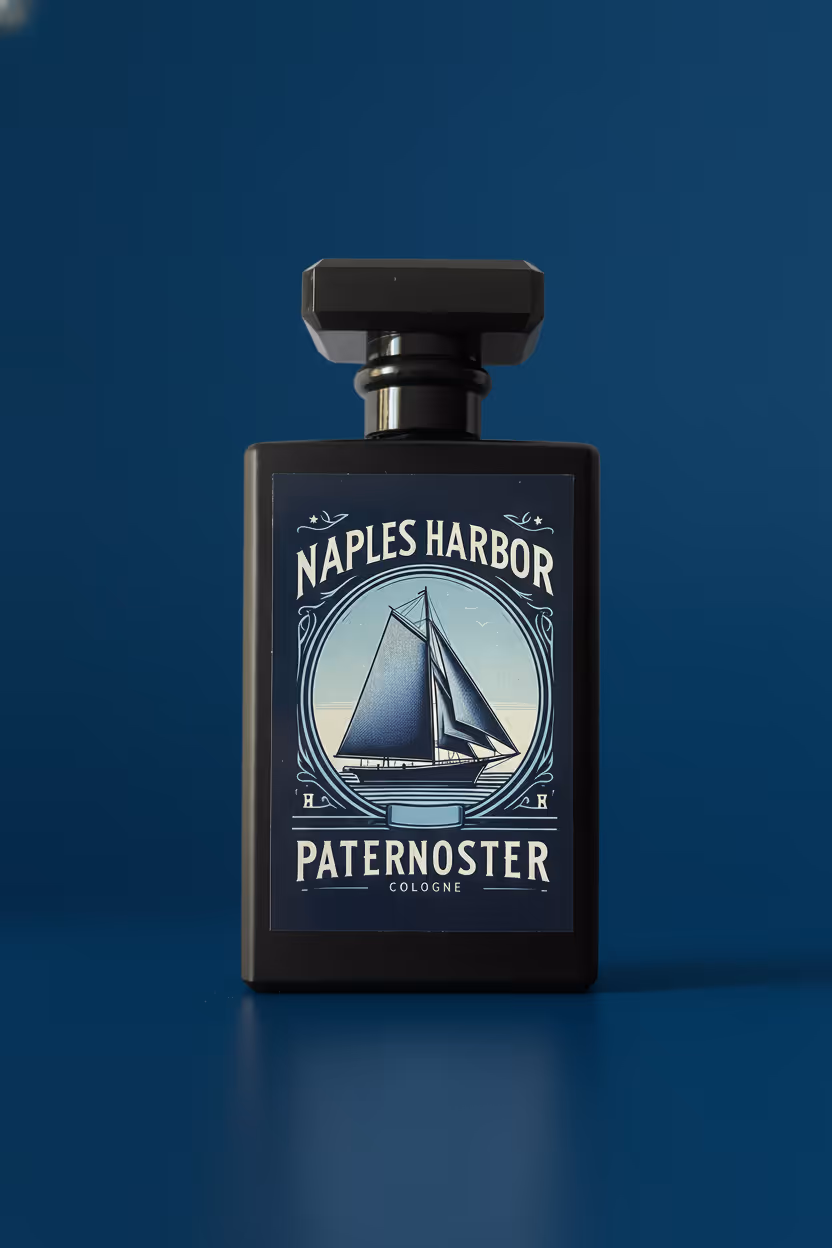 Men's cologne bottle "Naples Harbor" in professional product photo in front of Blue Background.