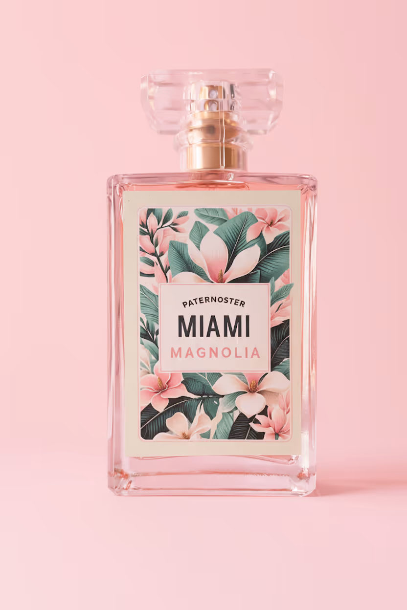 Women's perfume bottle "Miami Magnolia" in professional product photo in front of Pink Background.