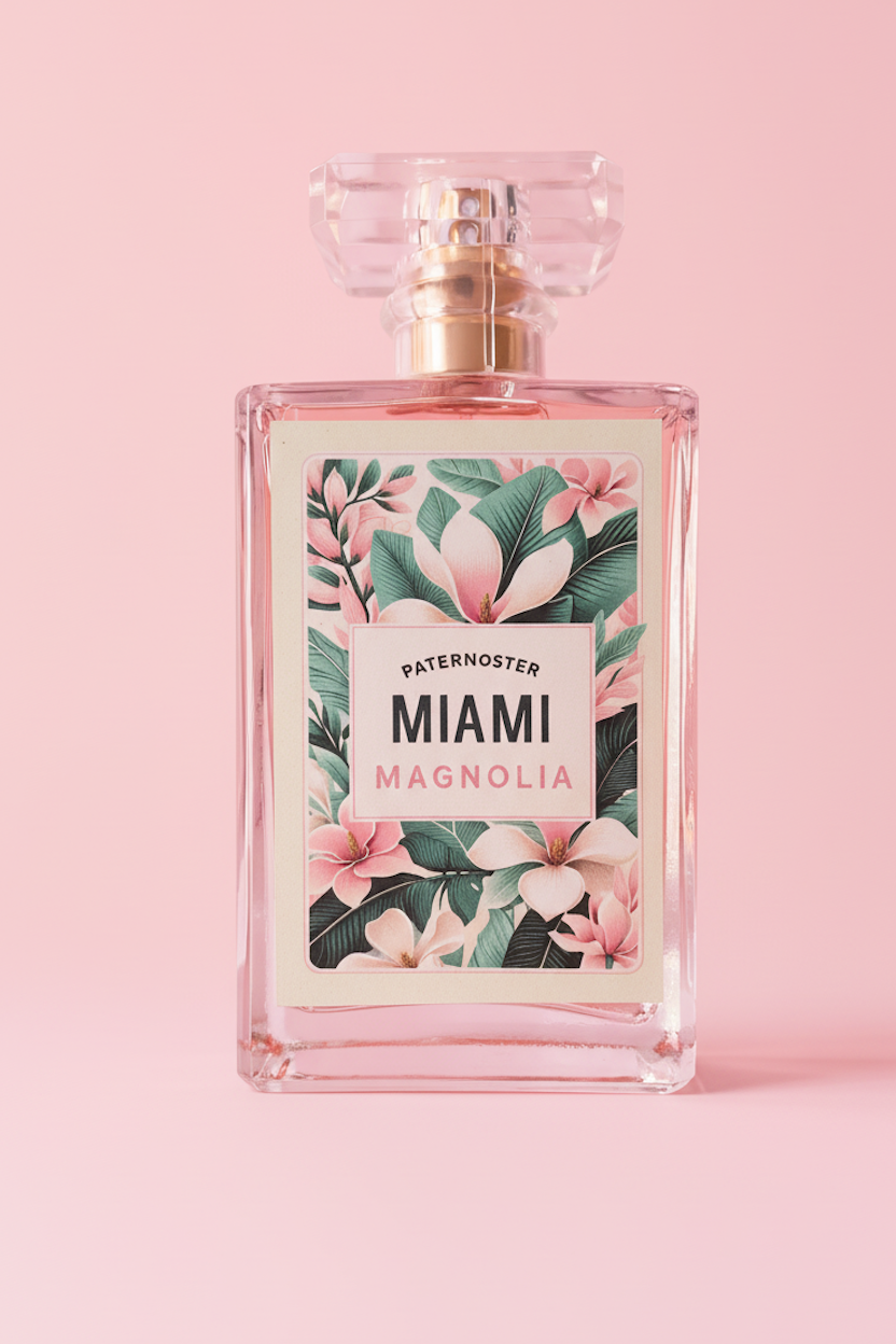 Women's perfume bottle "Miami Magnolia" in professional product photo in front of Pink Background.