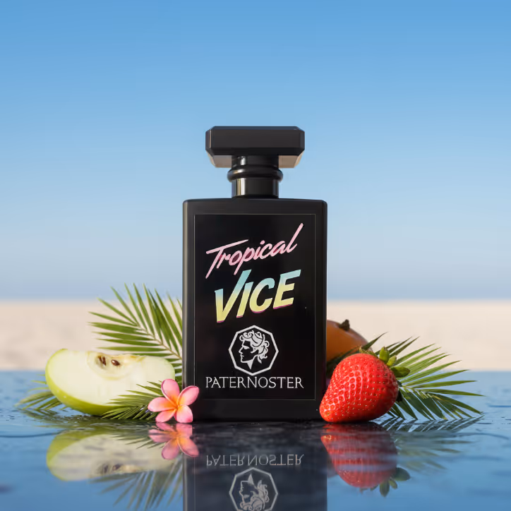 Men's Cologne Bottle "Tropical Vice" in professional product photo. Mirrored reflection. Green apple and strawberry decoration on beach setting.