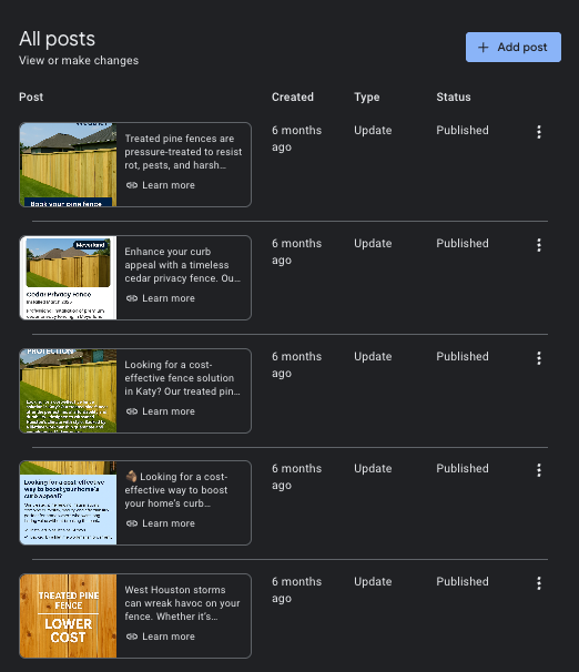 Dashboard showing a list of five published post updates about fence treatment and home curb appeal, each post has a small image, brief description, creation date of 6 months ago, and status 'Published'.