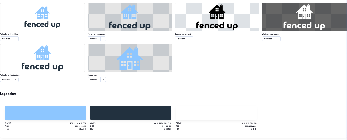 Various versions of the 'fenced up' logo showing a blue house icon above the text in different color styles including full color with padding, primary on transparent, black on transparent, white on transparent, and symbol only, accompanied by logo color swatches with CMYK, RGB, and HEX values.