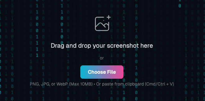 Screenshot upload interface with a drag and drop area, an image icon, and a 'Choose File' button against a dark background with binary code.