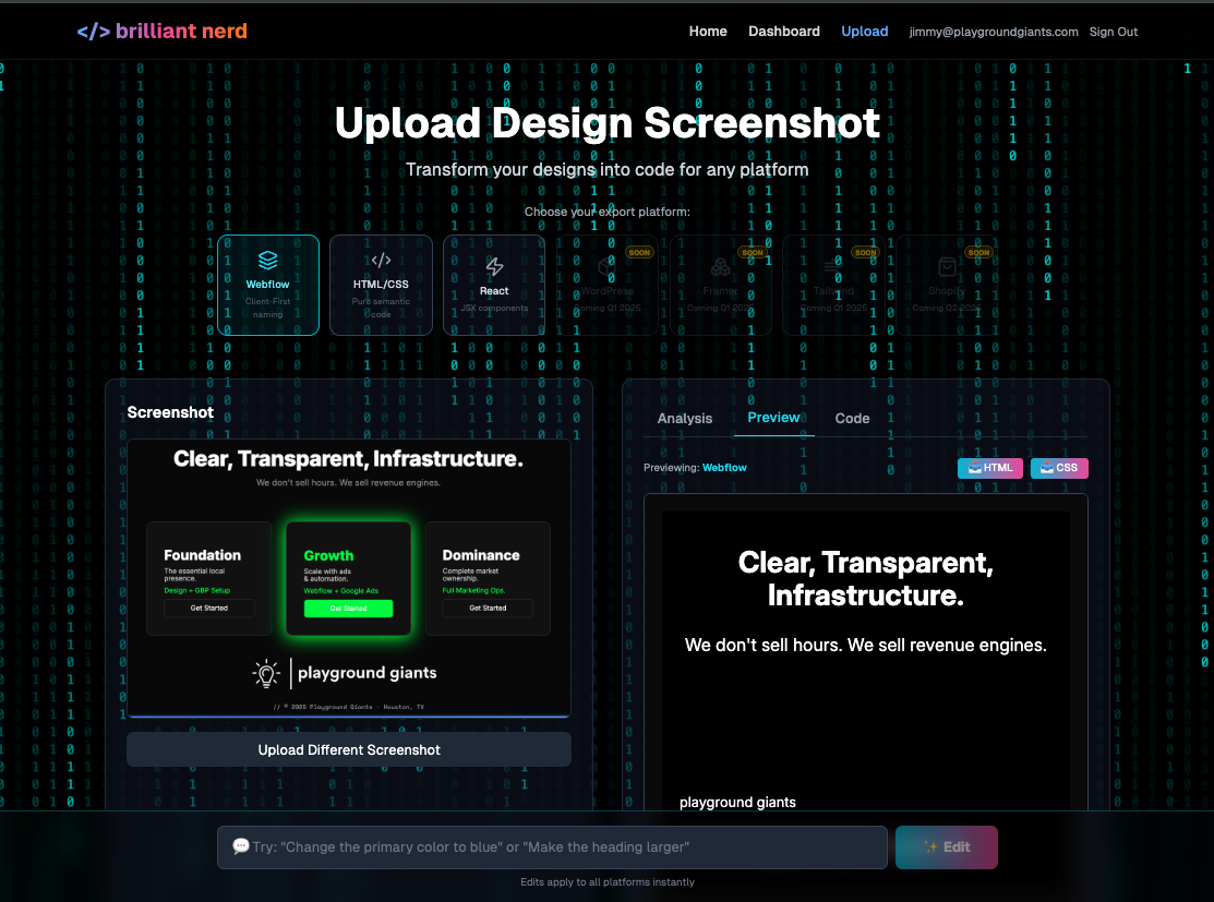 Dashboard interface for Brilliant Nerd showing Upload Design Screenshot page with platform export options, screenshot preview, and code preview sections.