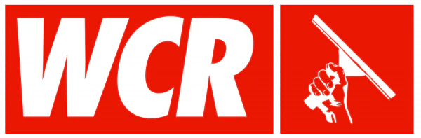 Logo with white letters 'WCR' on a red background and a white silhouette of a hand holding a squeegee on a red square.