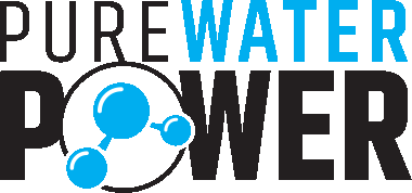 Logo with the text 'PURE WATER POWER' featuring a blue water molecule icon integrated into the letter O of 'POWER'.