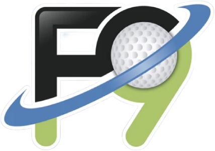Logo combining the letters F and 9 with a golf ball and a blue swoosh encircling it.