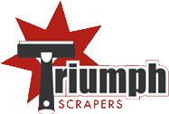 Logo featuring a red star behind a black and silver scraper tool with the word 'Triumph' in bold and 'Scrapers' in orange below.
