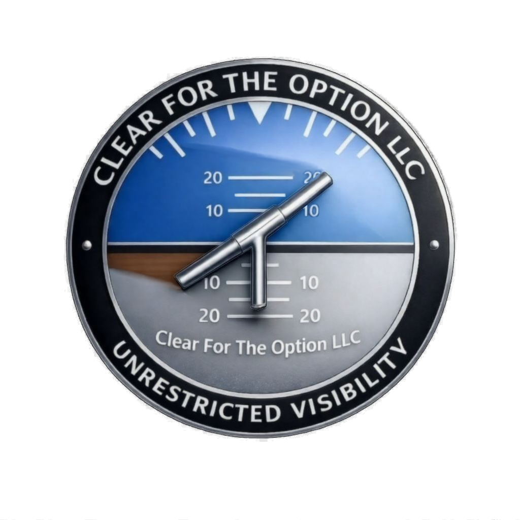 Logo of Clear For The Option LLC featuring an aircraft attitude indicator with blue sky and brown ground, encircled by text reading 'Clear For The Option LLC' and 'Unrestricted Visibility'.