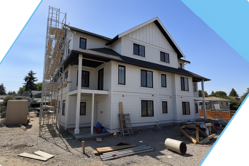 Partially built two-story house with scaffolding and construction materials on site.