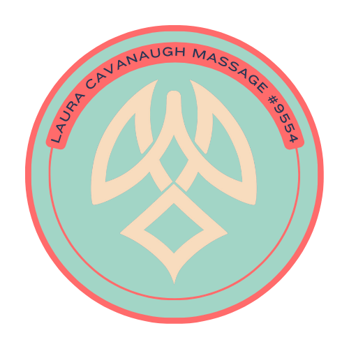 A circle logo with abstract hands text reads Laura Cavanaugh Massage hawaii license #9554
