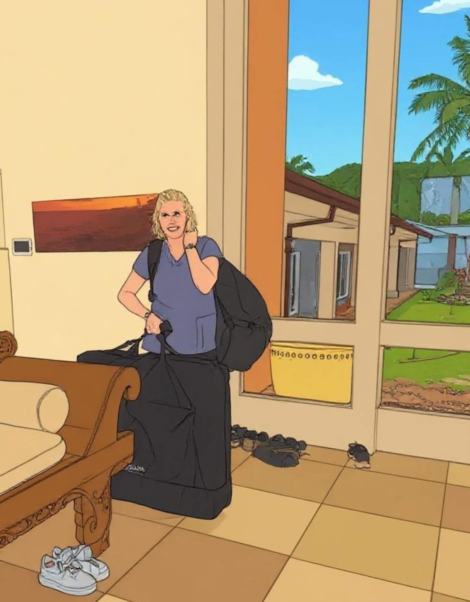 Cartoon of Laura Cavanaugh arriving at a Maui home with a mobile massage table.