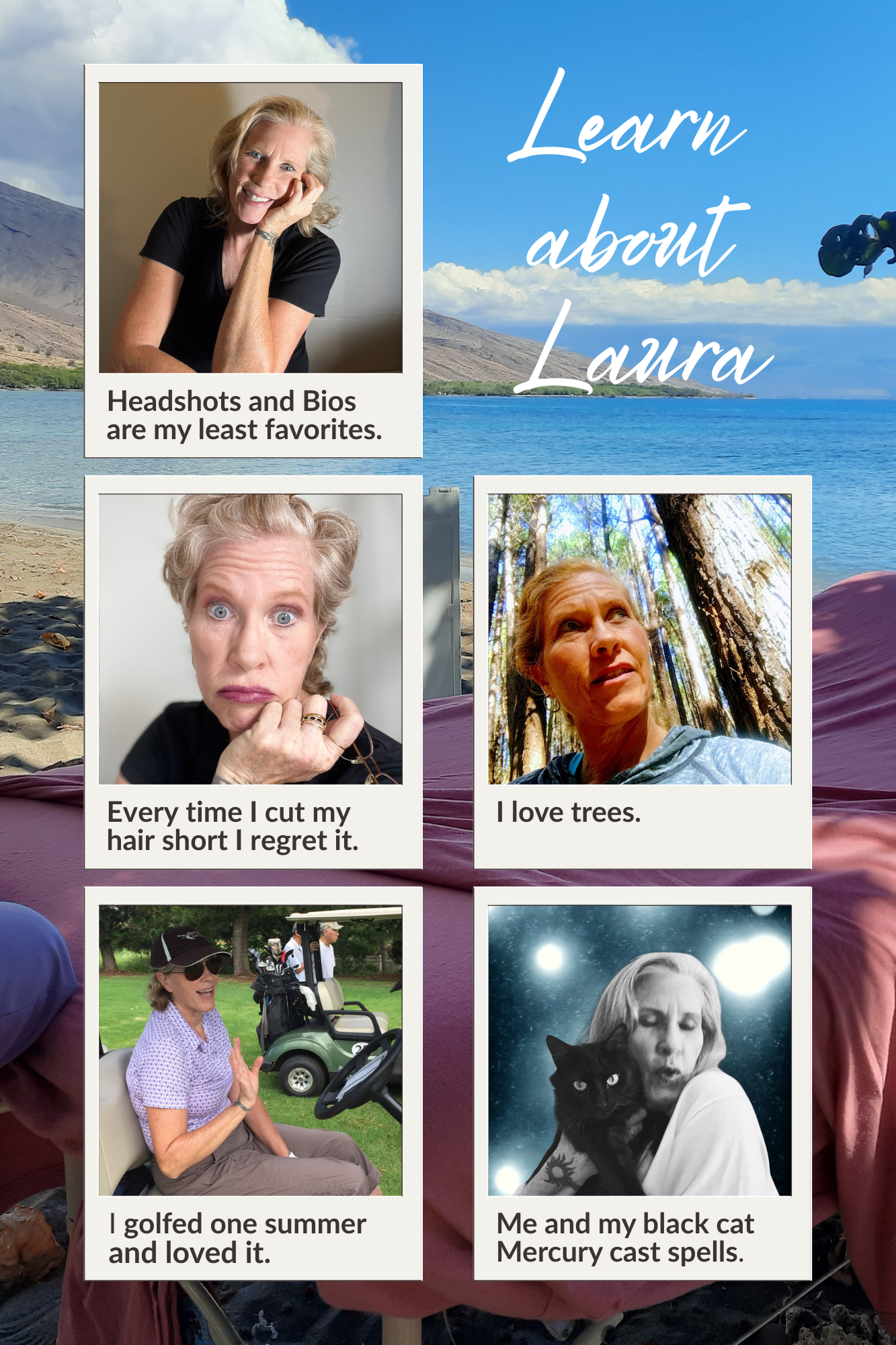 an infographic with many pictures of a woman with the ocean and a massage table in the background. there is text which says Learn about Laura in white color with blue sky in the background