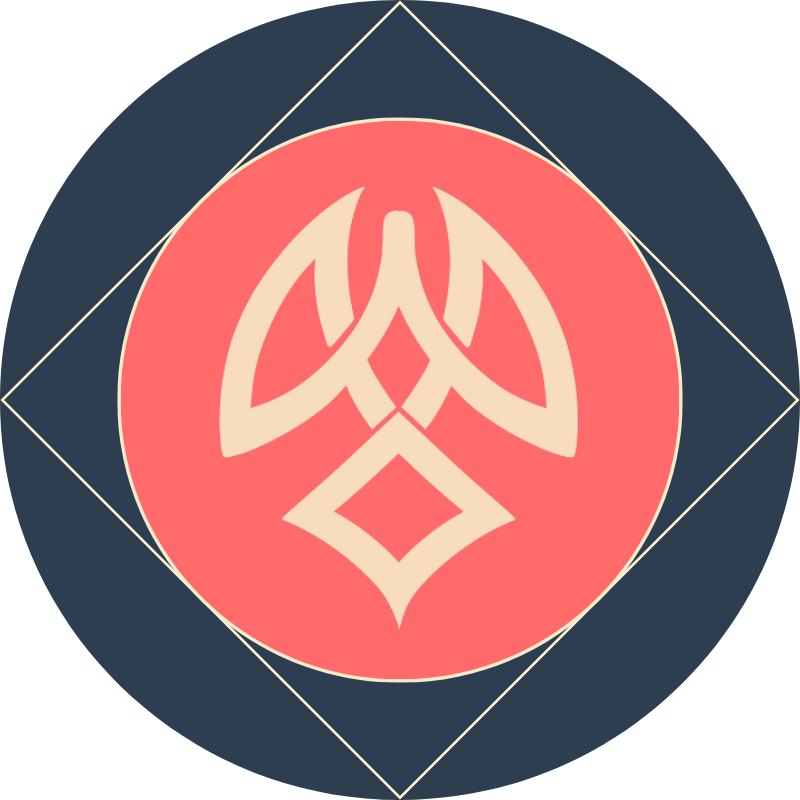 Logo showing dark blue color circle with a light cream color line square and and peach colored circle with an abstact shape of prayer hands in the center of the peach color in a cream color to match the square outline.