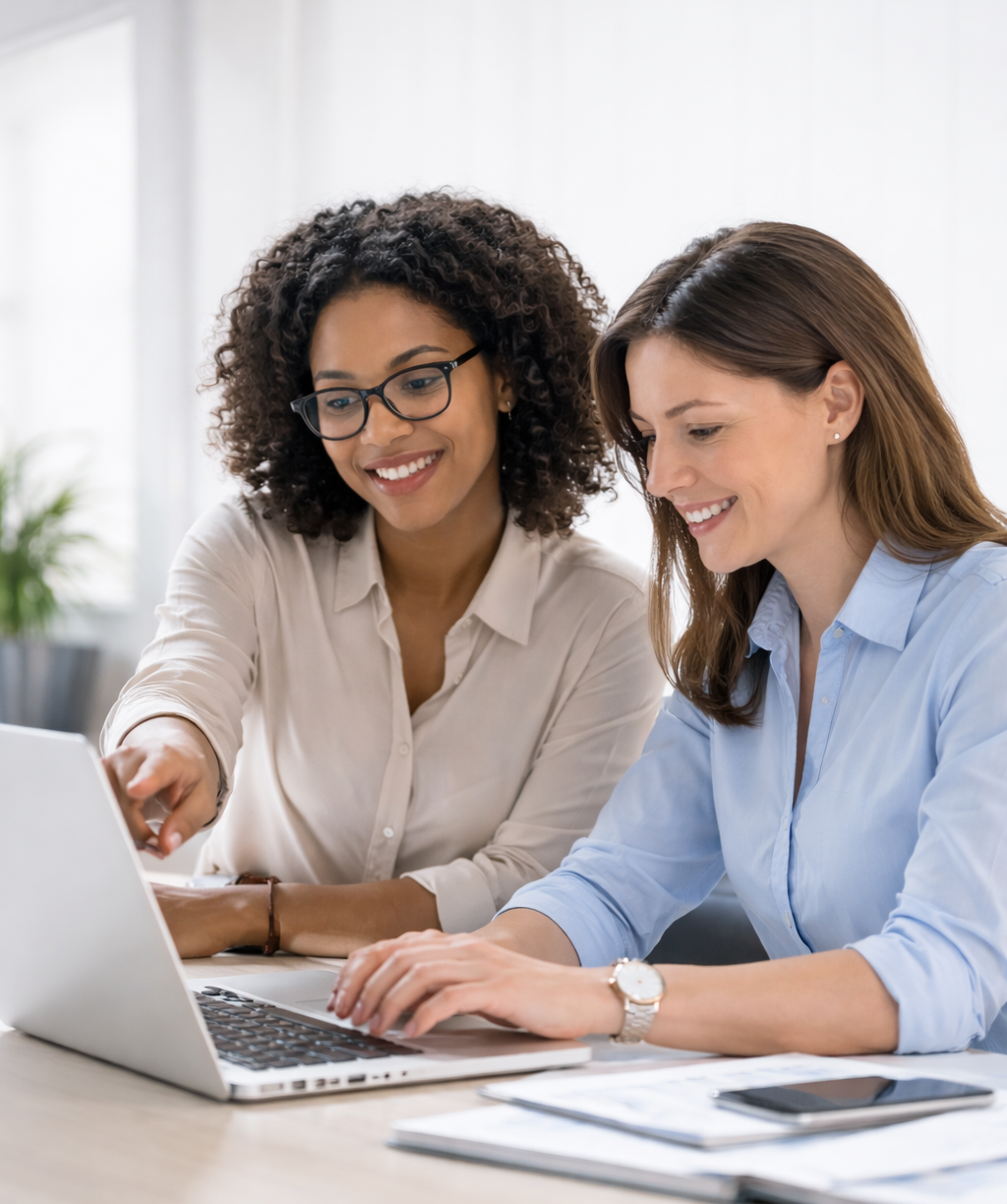 Two women collaborating at a laptop