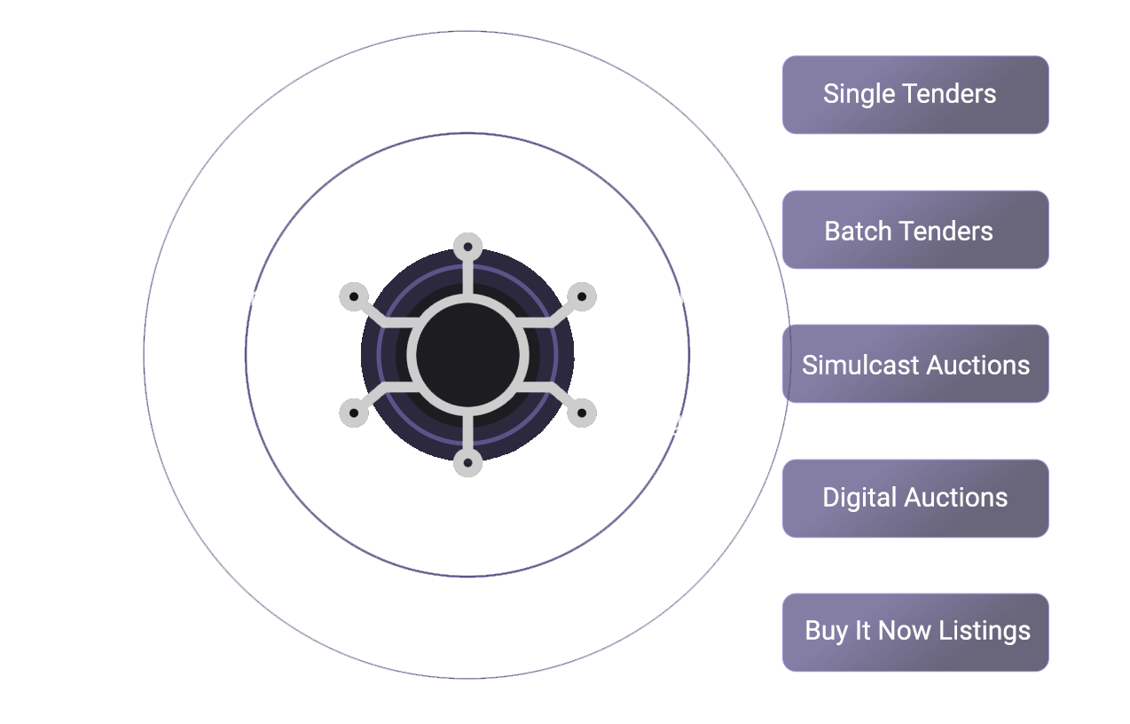 A digagram showing the fluidauto sales channels and controls, batch tenders, tenders, simulcast auction, digital auction and buy it now.