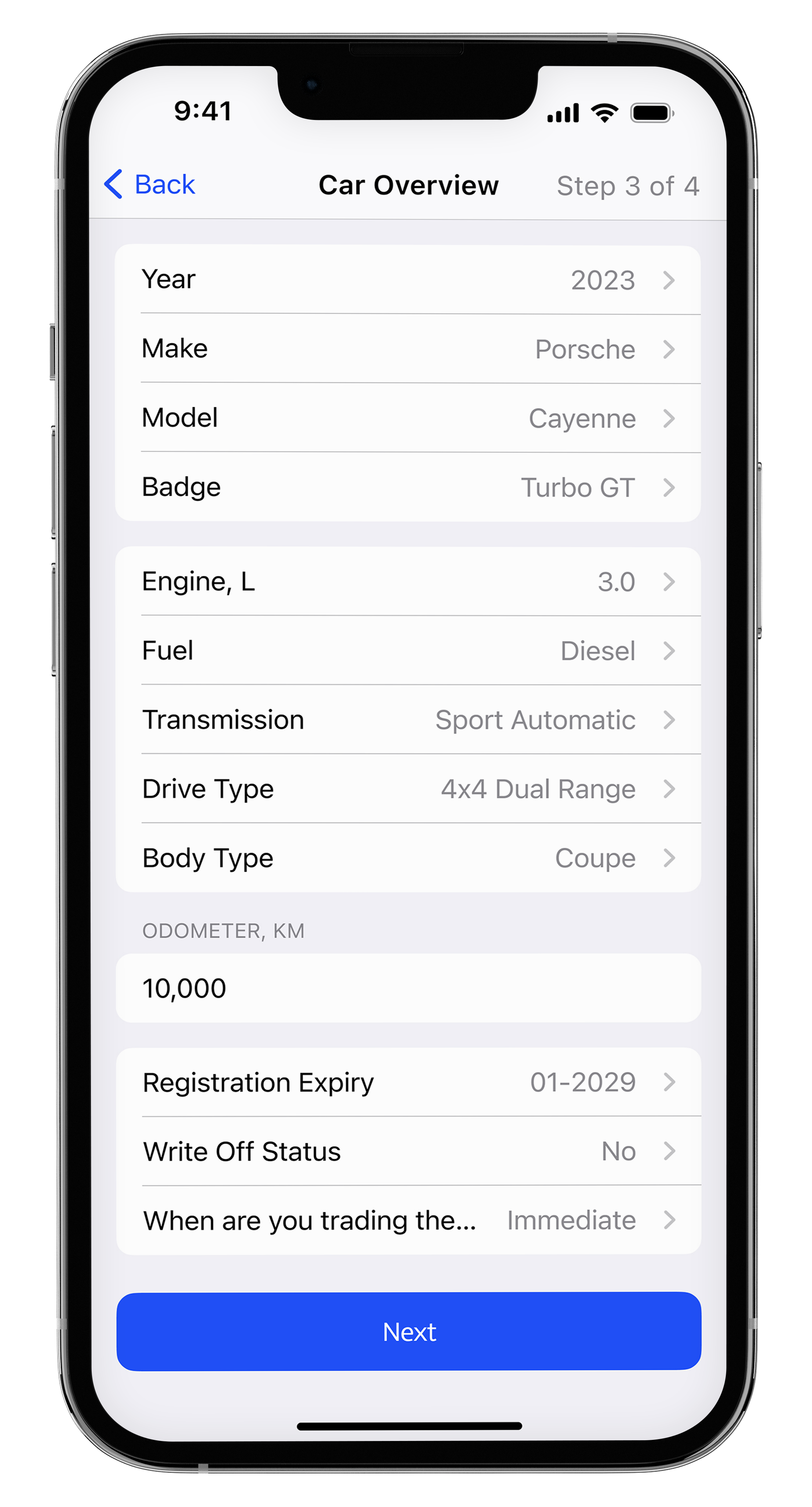 phone screen completing a condition report on a car undergoing an inspection