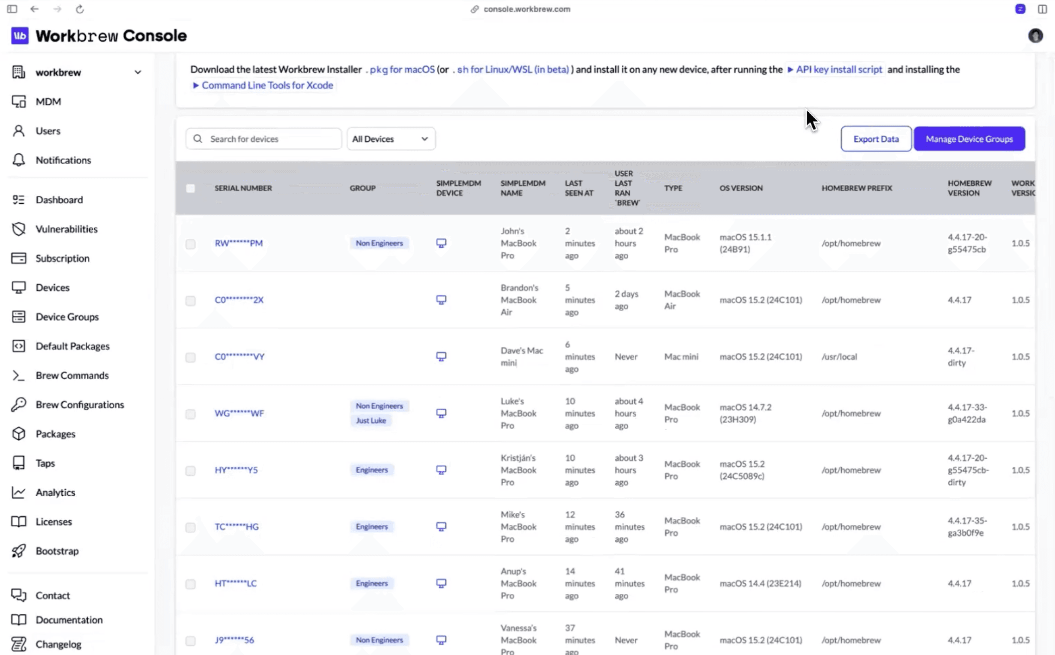 Workbrew console devices