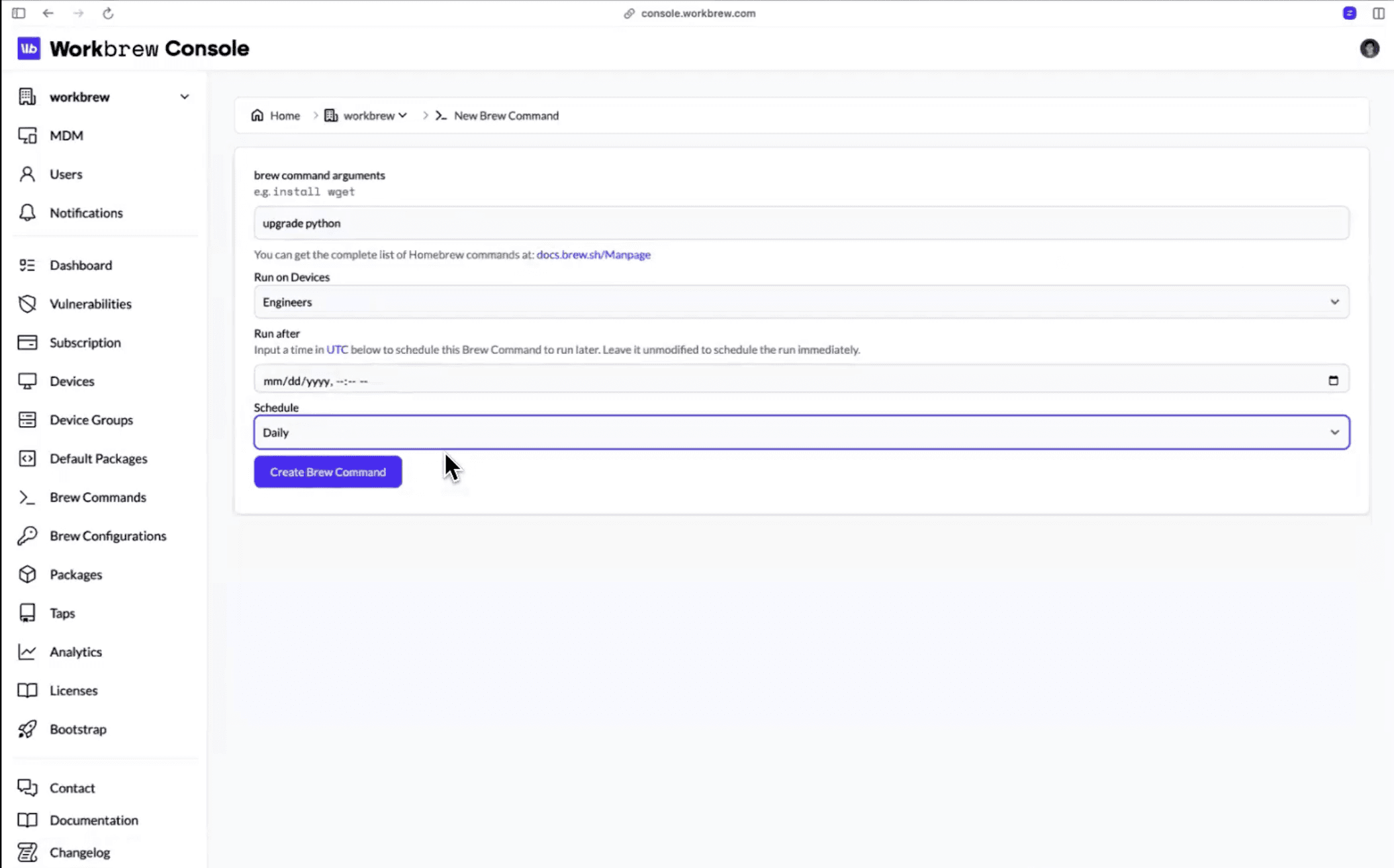 Workbrew console new brew command