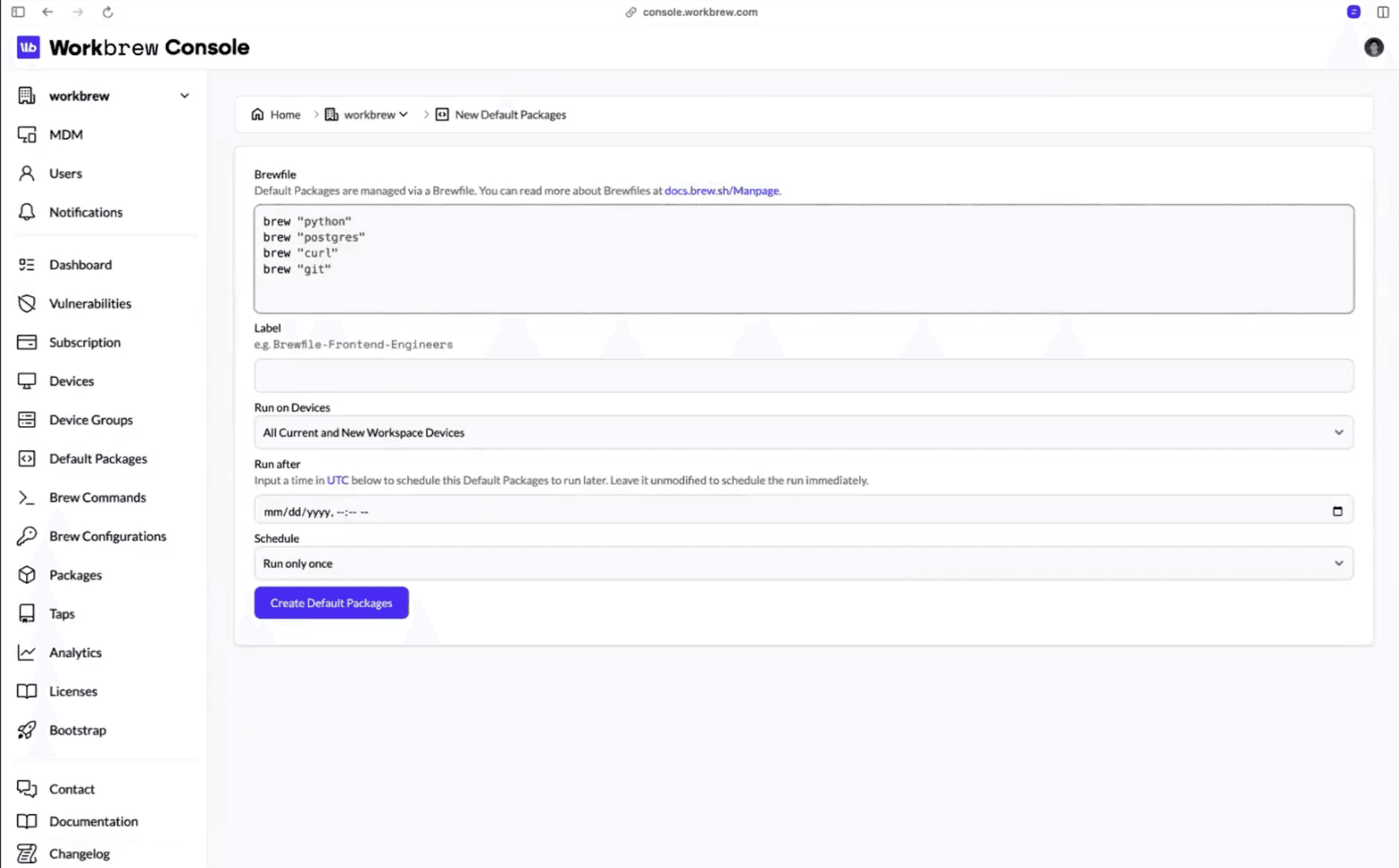 Workbrew console default packages