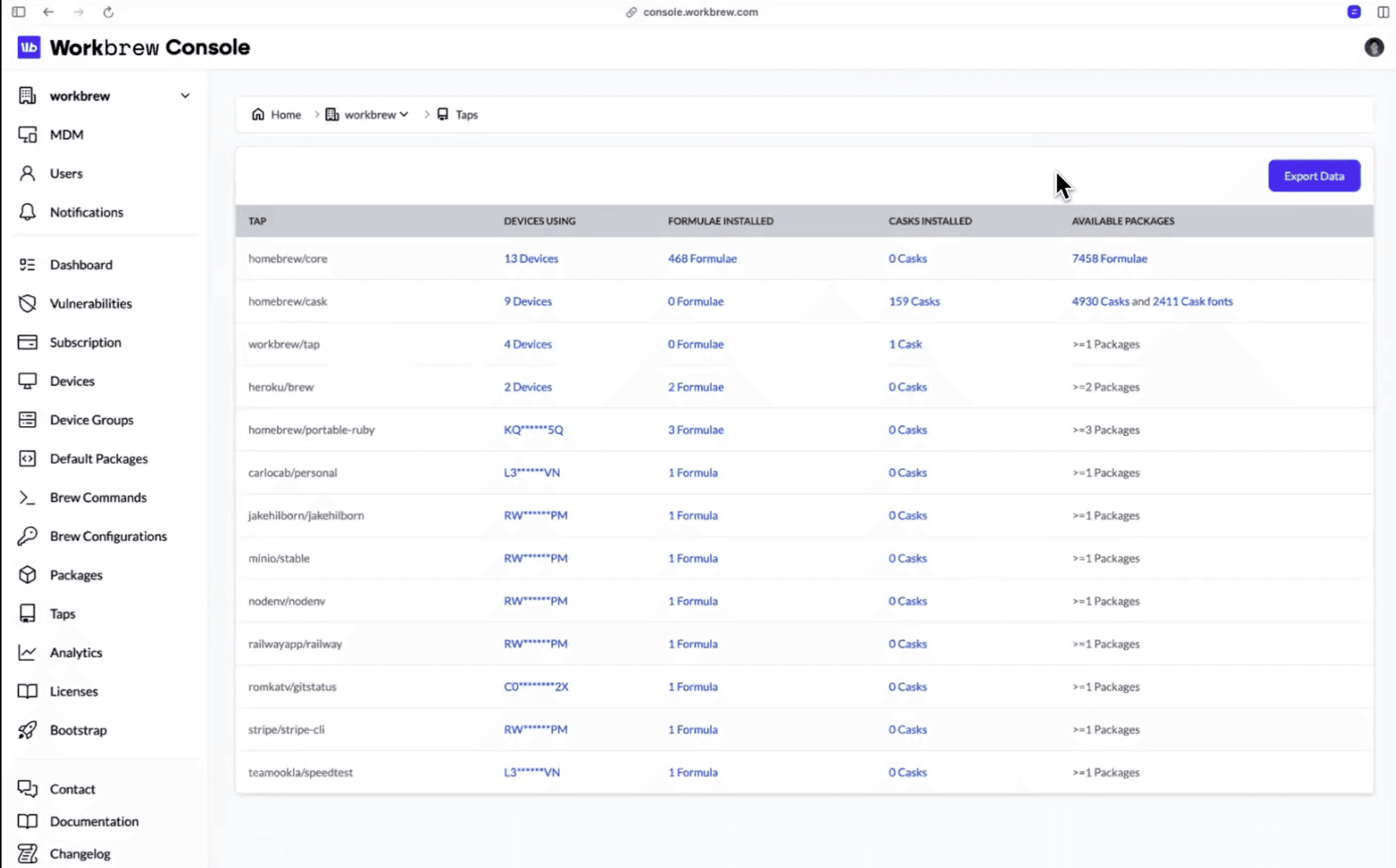 Workbrew console taps