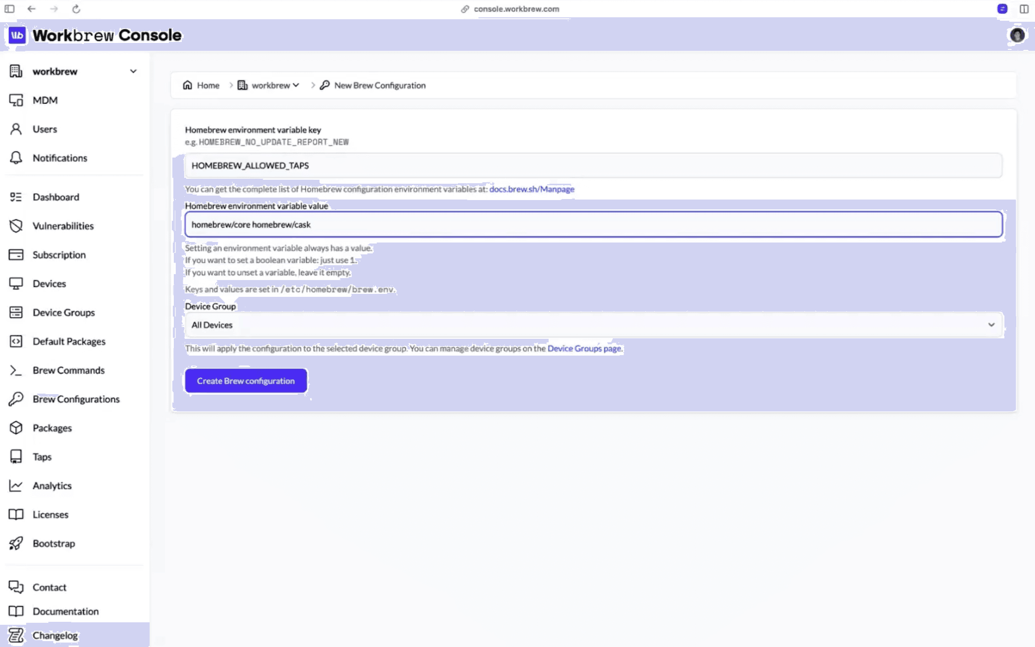 Workbrew console new Brew confirguration