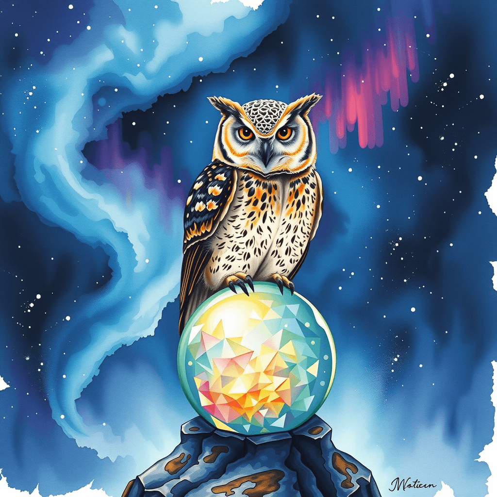  wise owl perched on a glowing crystal sphere, with threads of knowledge weaving through the night sky, painted in luminous watercolor style with northern lights effects