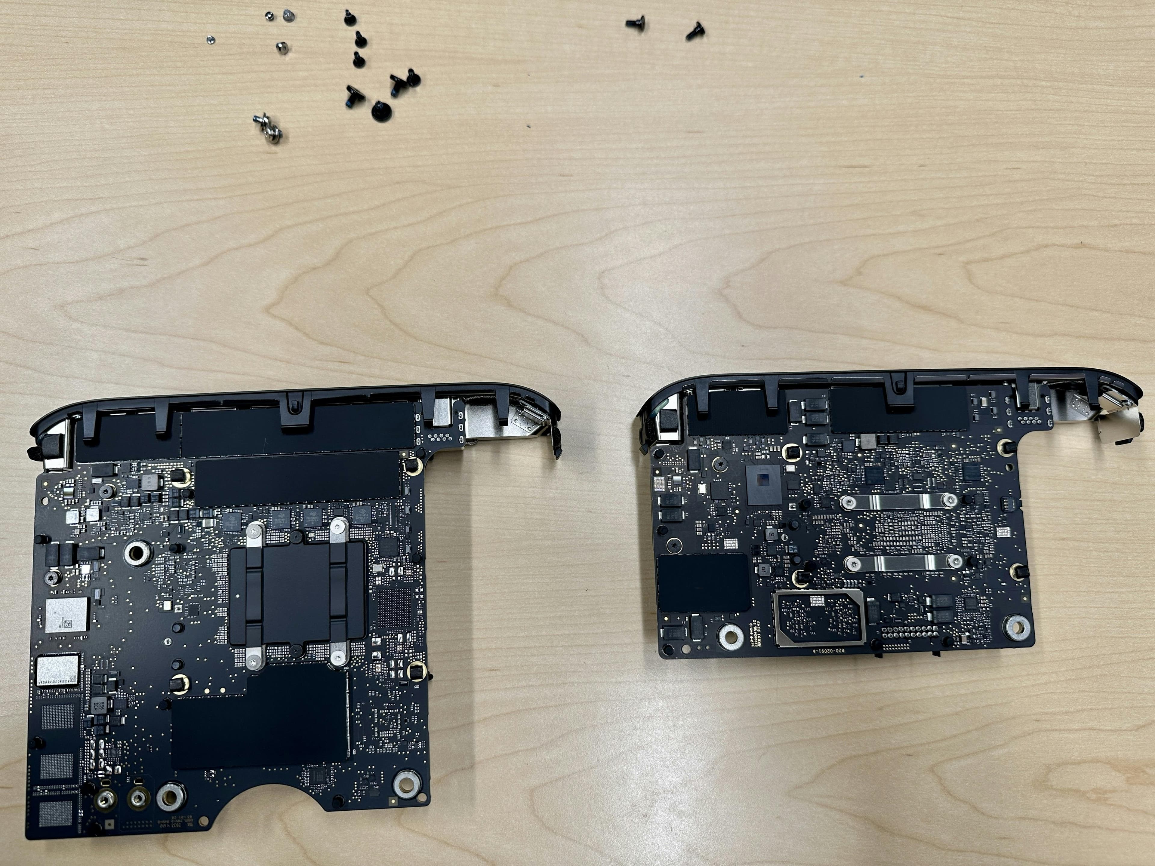 Image comparing the M2 Pro and the M1 Pro back logic boards.