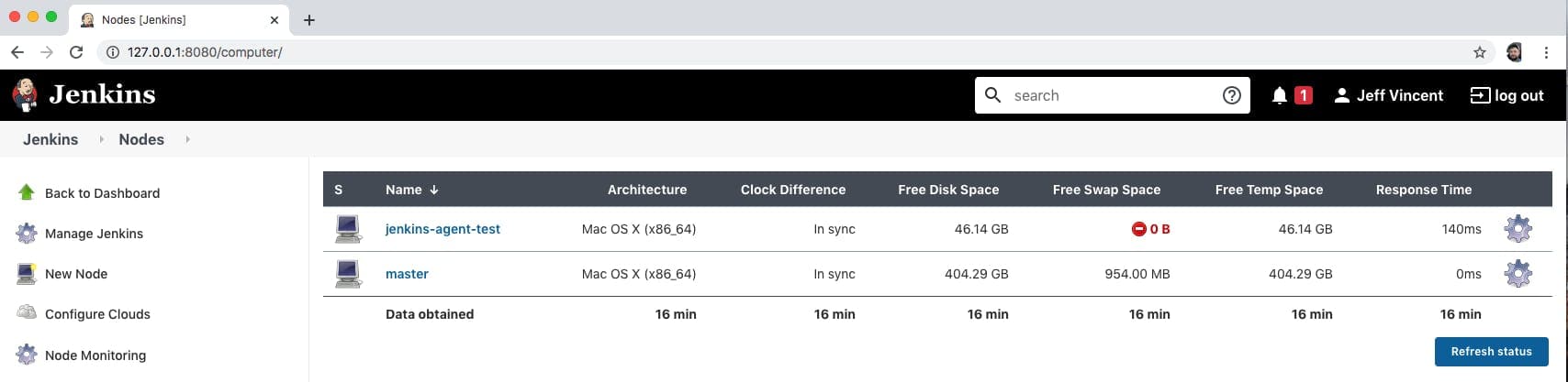 Jenkins screen shot showing jenkins-agent-test