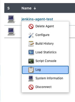 Jenkins agent drop down with log selected
