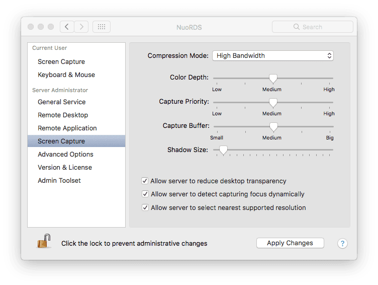 NuoRDS Admin screen capture settings