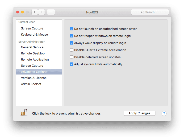 NuoRDS advanced options screen