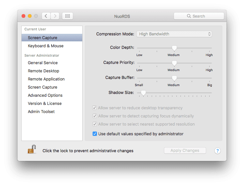 NuoRDS screen capture settings 