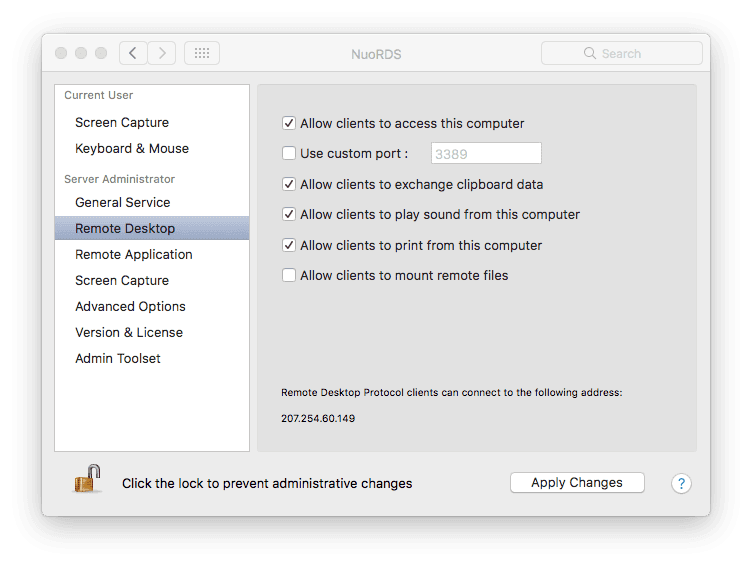 NuoRDS Remote Desktop settings