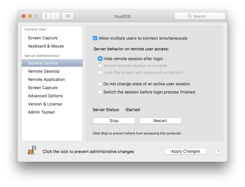 NuoRDS General Service settings screen