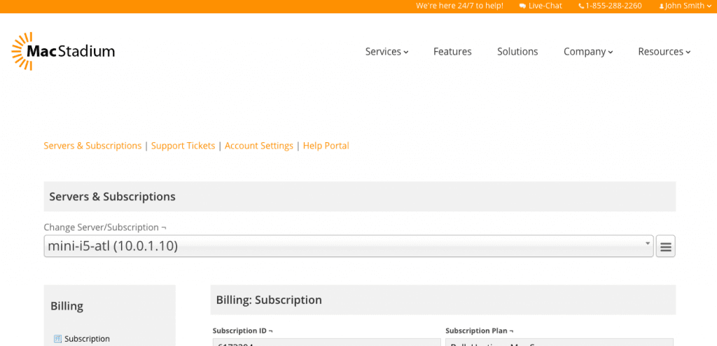 MacStadium account, servers and subscriptions